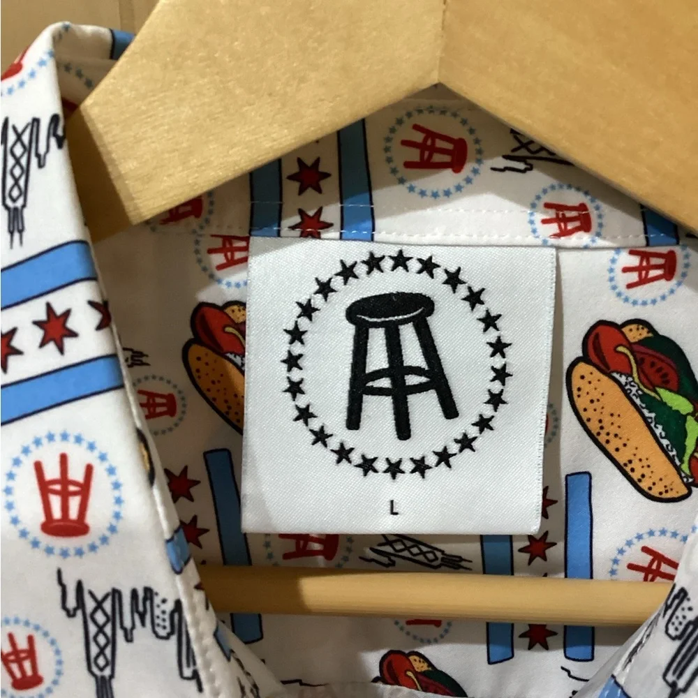 Barstool Sports White Graphic Hot Dogs Chicago Skyline Men's Shirt - Picture 2 of 6